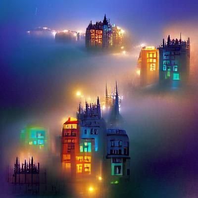 Mystical Cityscape Enshrouded in Fog