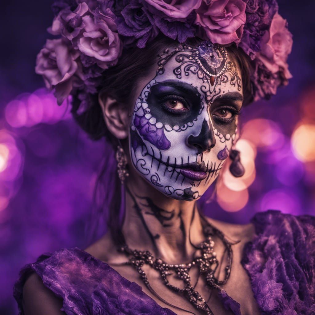 Elegant Day of the Dead Lady in Purple Silks