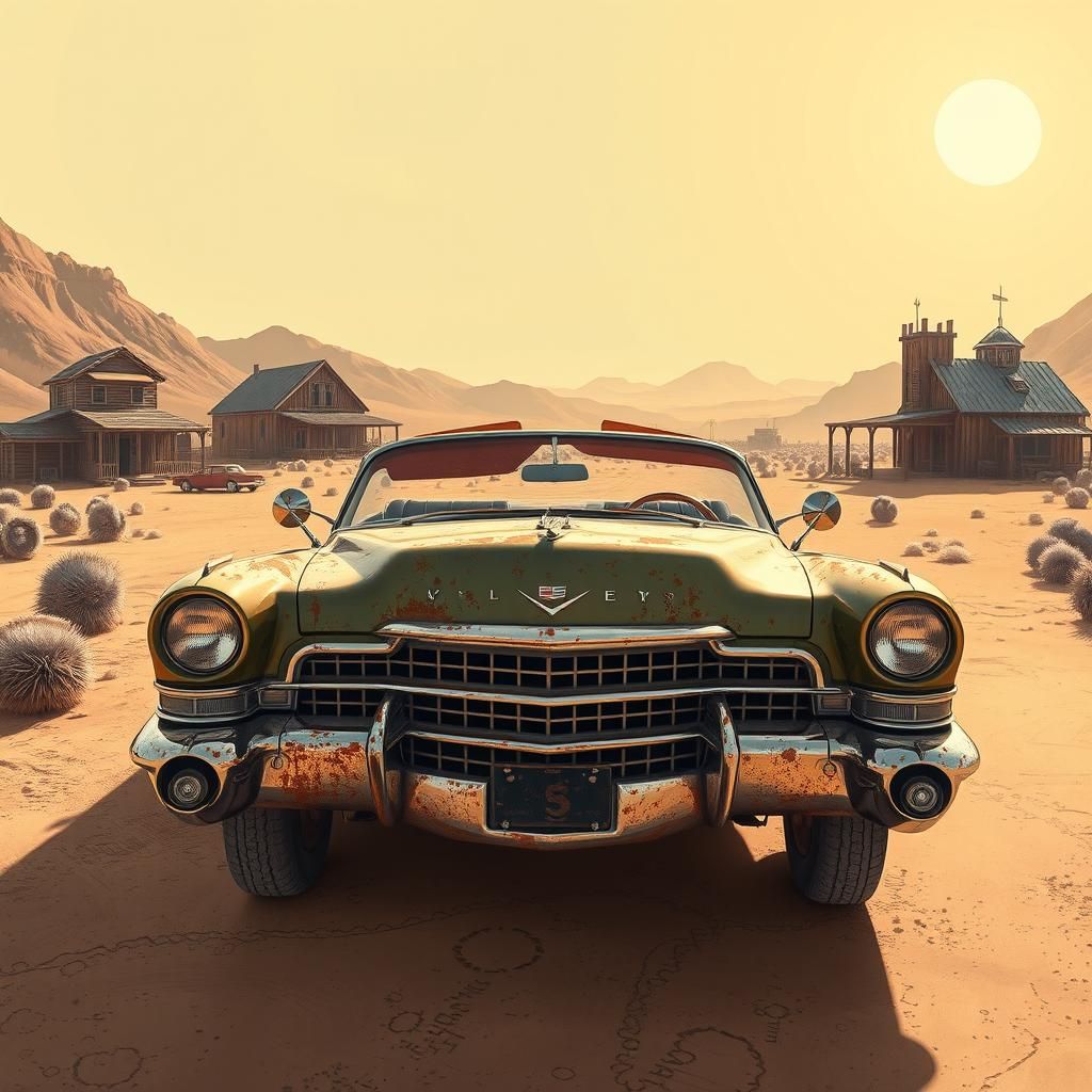 Retro-Futuristic Cowpunk Cadillac in Desert Landscape
