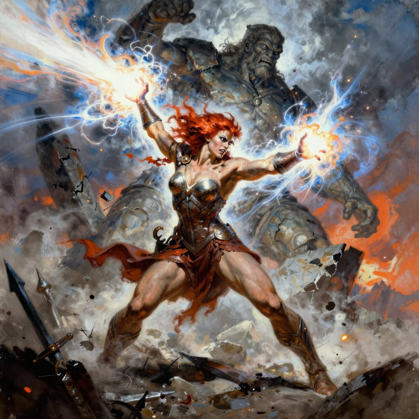 Sorceress Unleashes Magic Against Crumbling Titan