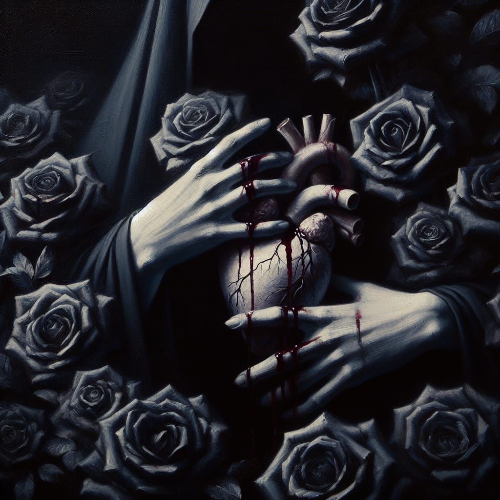 Bleeding Heart Enveloped by Black Roses in Gothic Style