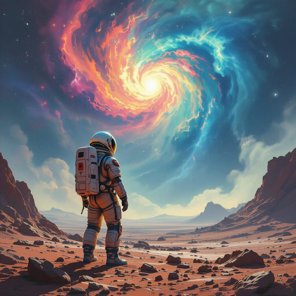 Astronaut Gazing at Nebula in Sci-Fi Landscape