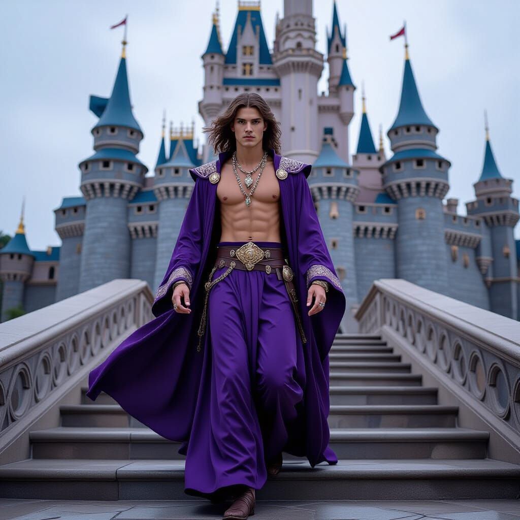 Medieval Prince Descends Castle Steps in Purple Robes