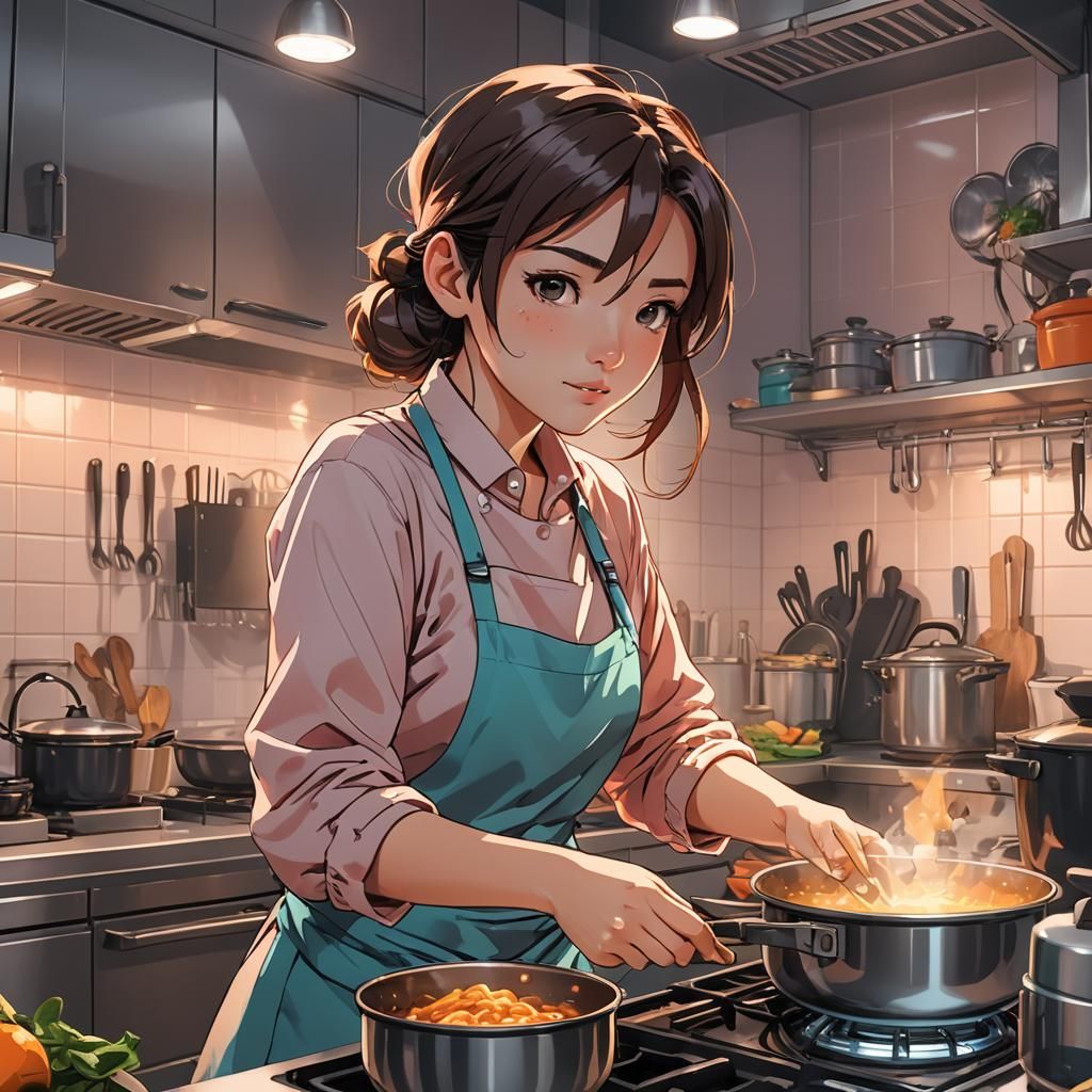 Girl Cooking in Kitchen: Manga Style Illustration