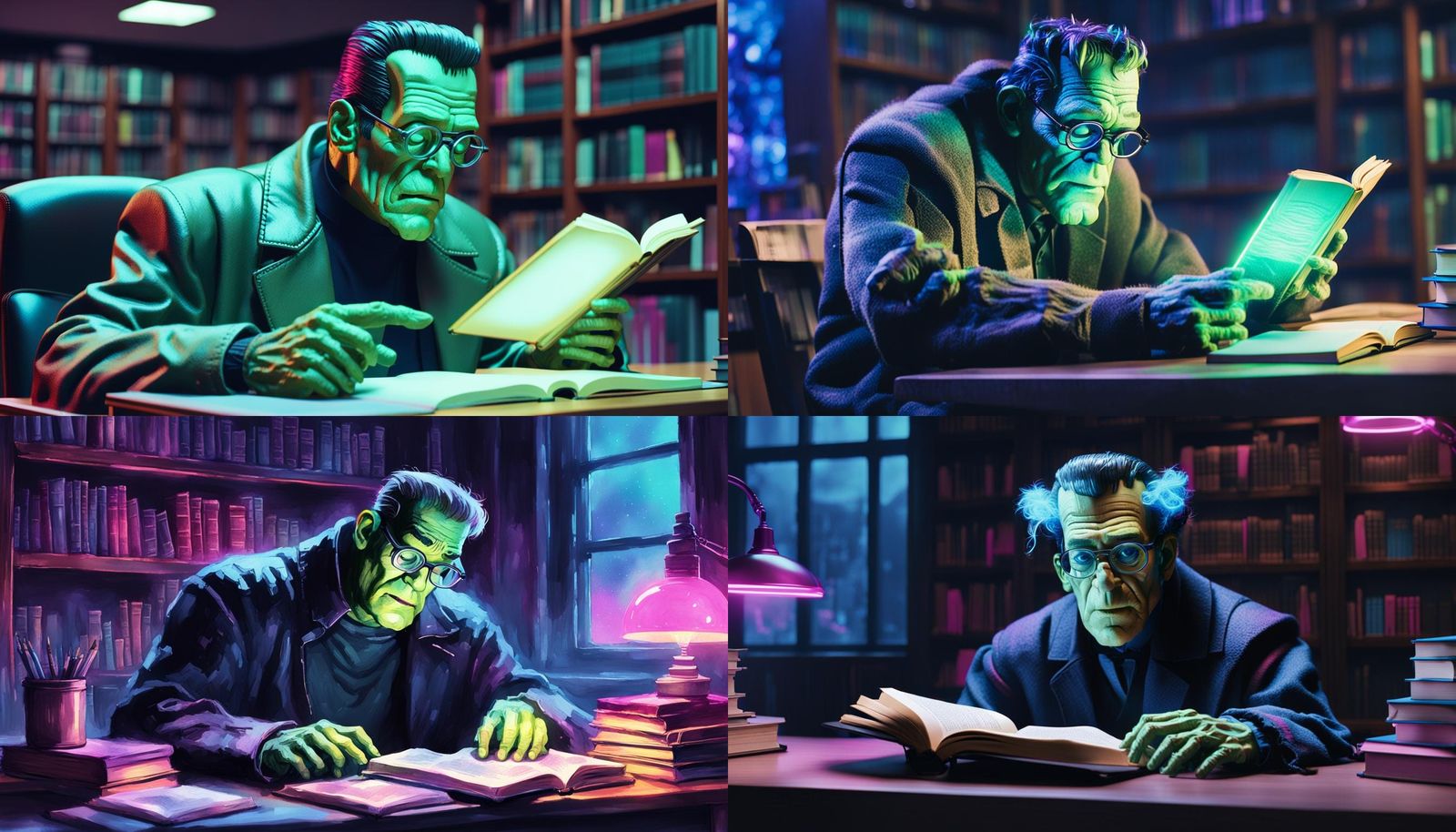 Frankenstein Reads a Book in Synthwave Style