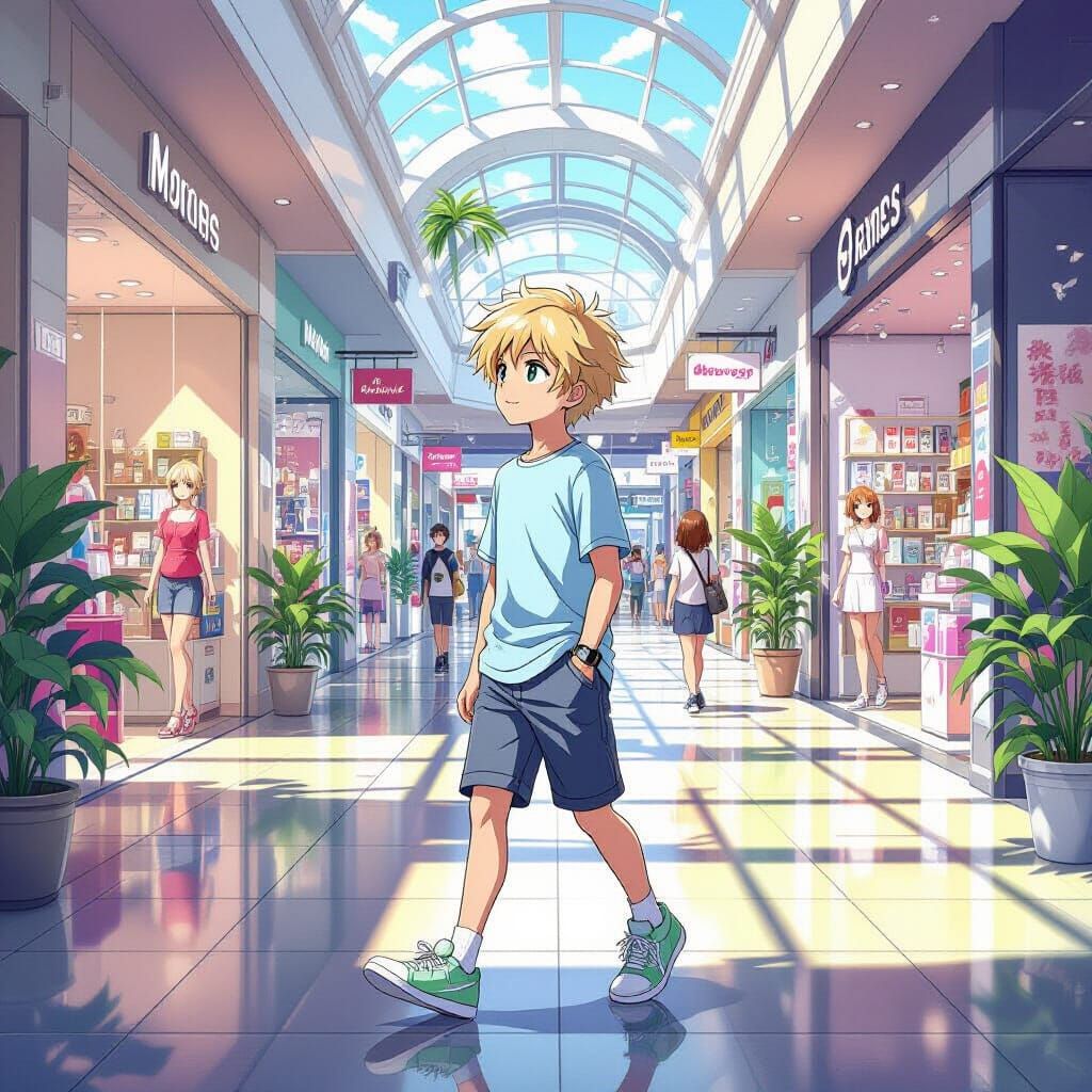 Teenage Boy Shops at Mall in Anime Style