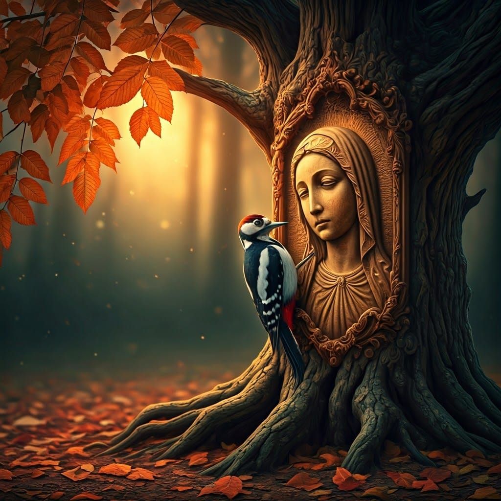 Mystical Virgin Sculpture with Woodpecker in Autumn