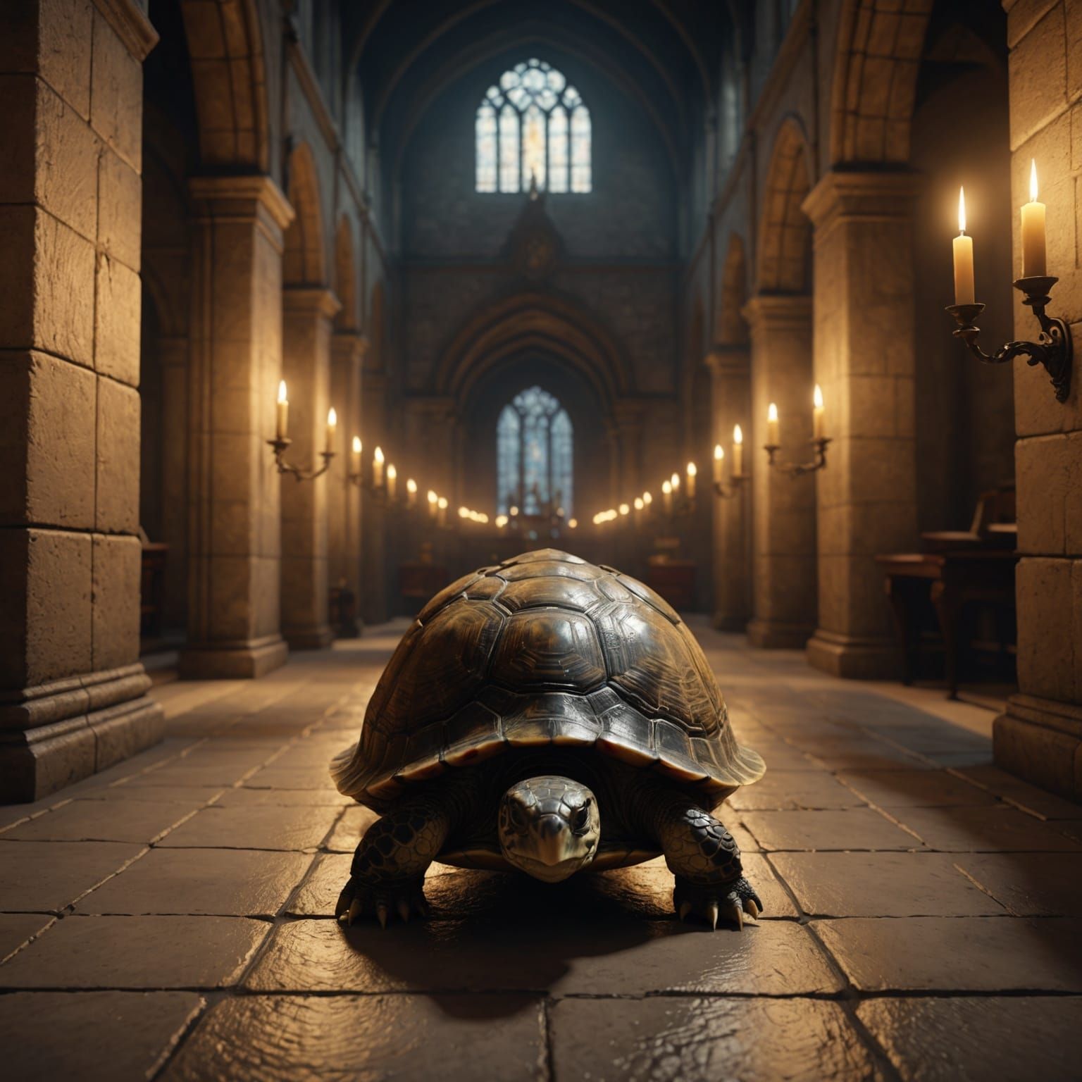 Turtle in Cathedral Hallway with Candle, 3D Render