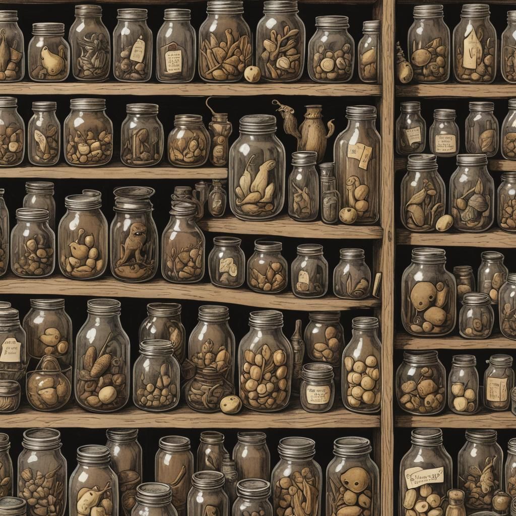 Shelf of Jars: Brown Drawing in Lowbrow Style