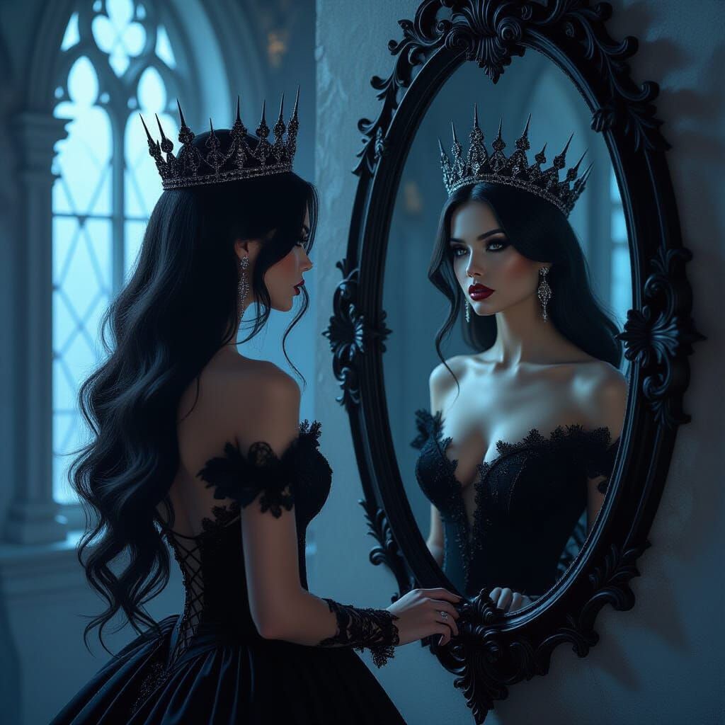Mystical Woman Gazing into Gothic Mirror