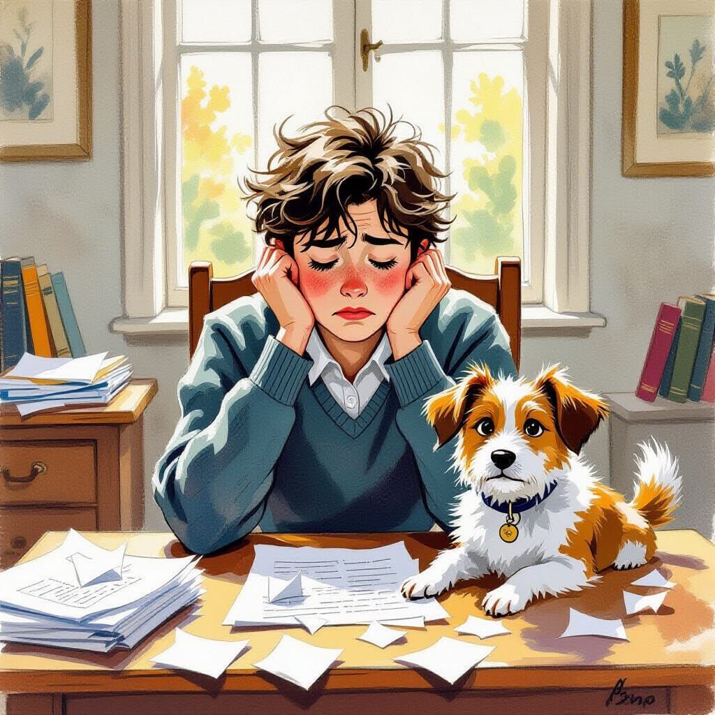 Frustrated Student and Guilty Dog as Gouache Painting