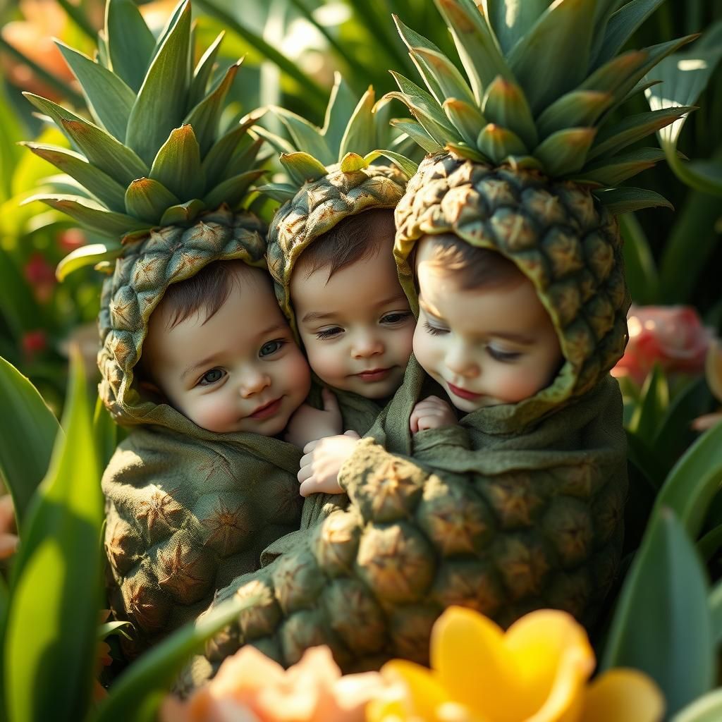 Enchanting Leaf-Wrapped Children in Sun-Drenched Garden