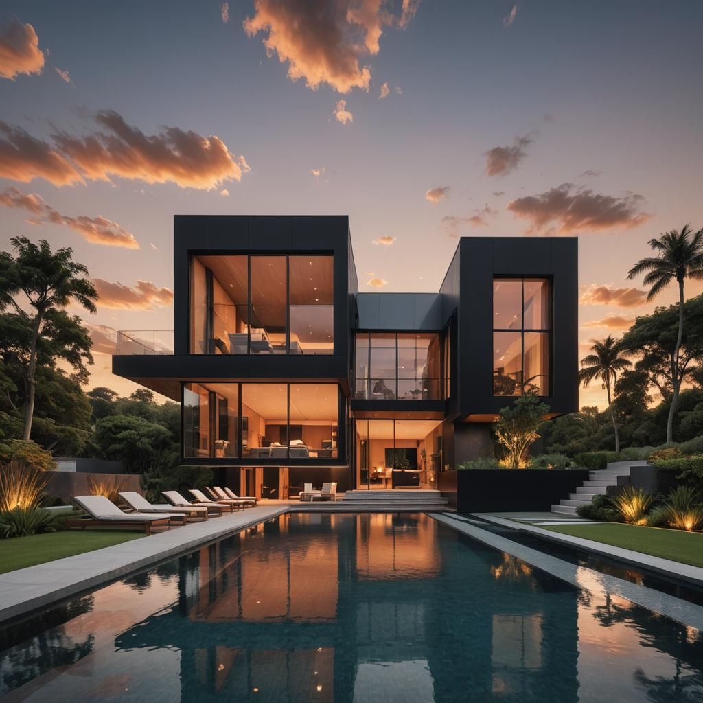 Minimalist Mansion with Infinity Pool at Sunset
