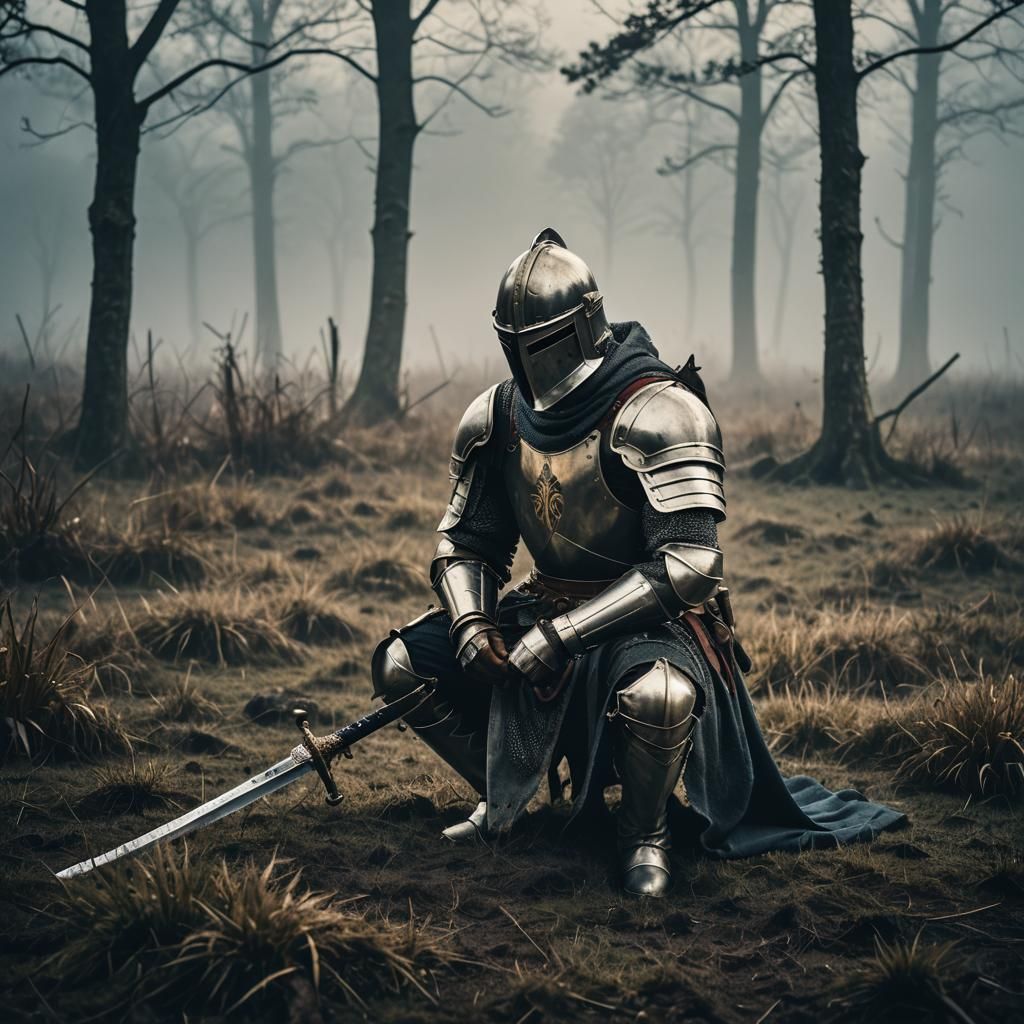 Christian Knight Reflects on Battles in Foggy Field