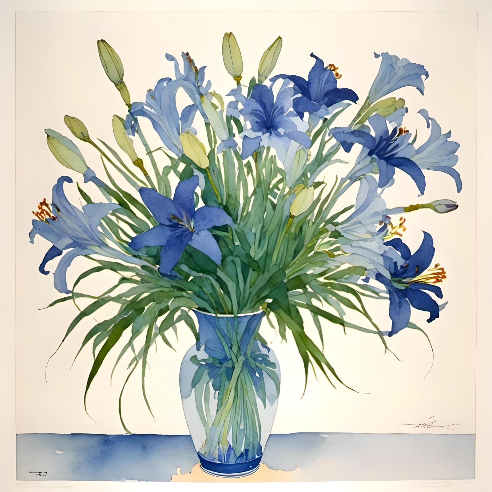 Vase of Blue Lilies in Watercolor Style