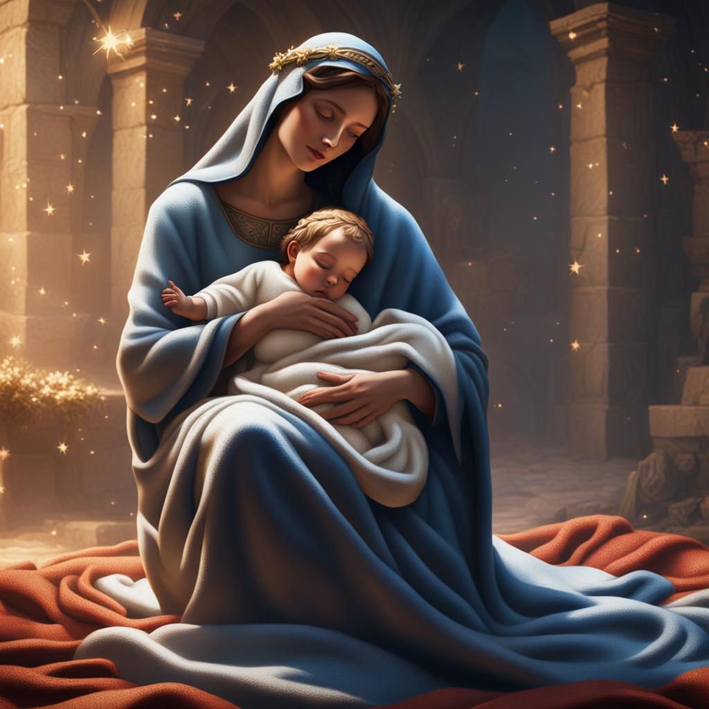 Mary Hugging Baby Jesus in Detailed Matte Painting