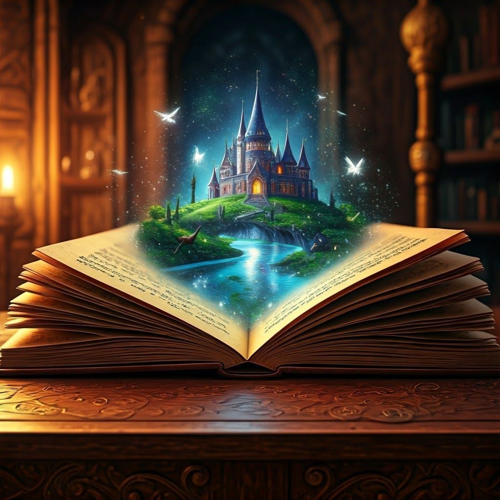 Surreal Wizard's Chamber with Ancient Tome and Enchanted Cas...