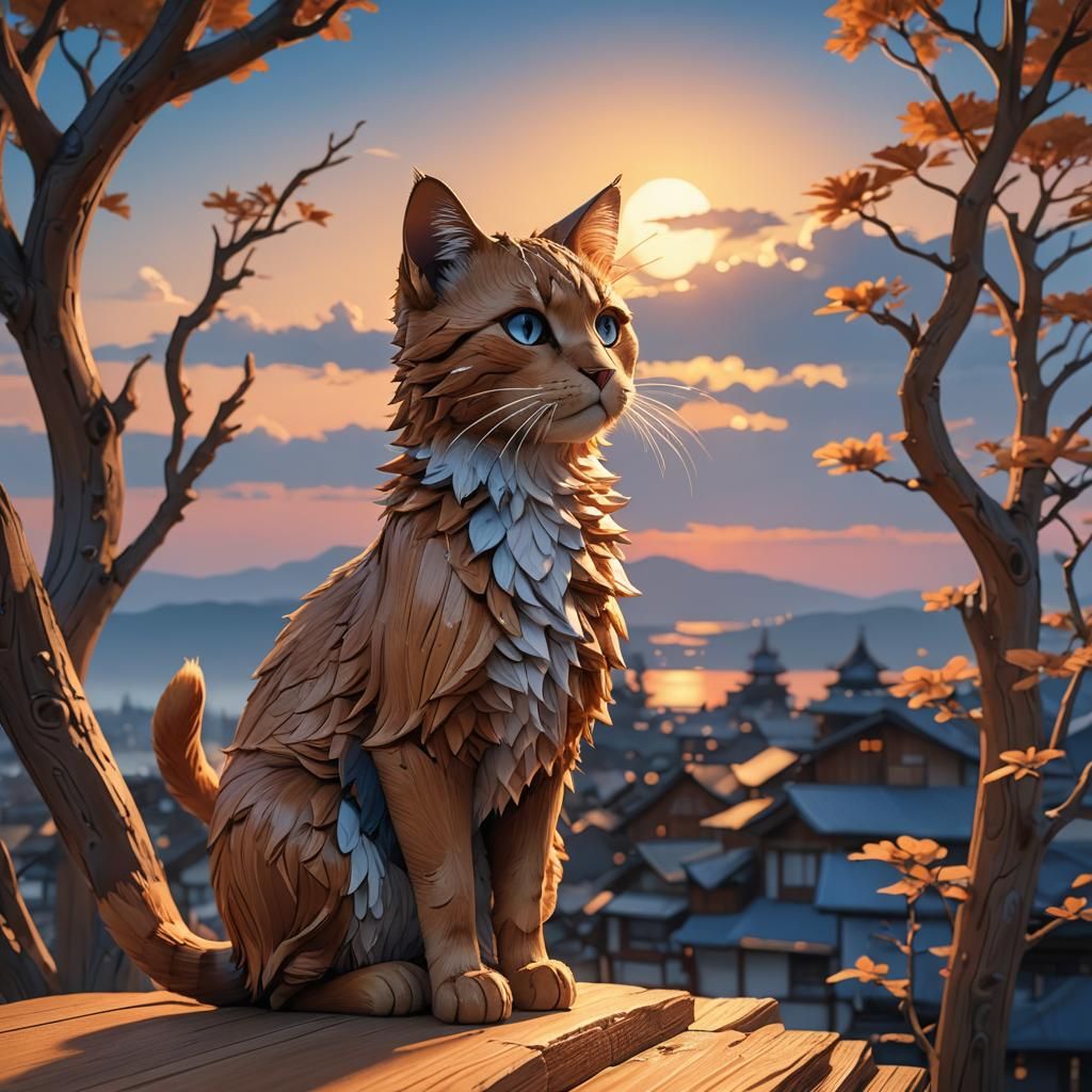 Wooden Cat Observes Sunset in Vibrant 3D Anime Style