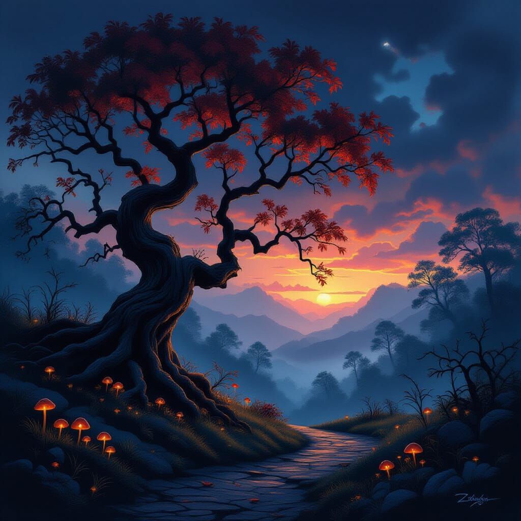 Ancient Gnarled Tree Against Twilight Sky