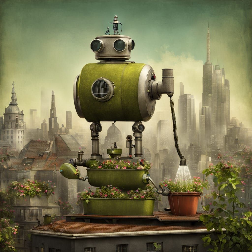 Surreal Cyberpunk Cityscape Blooms with Whimsical Garden