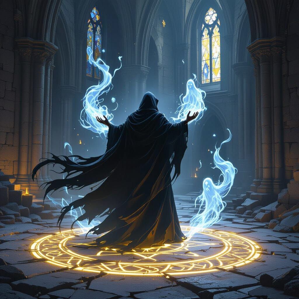 Dark Fantasy Sorcerer Summoning Spirits in Ruined Cathedral