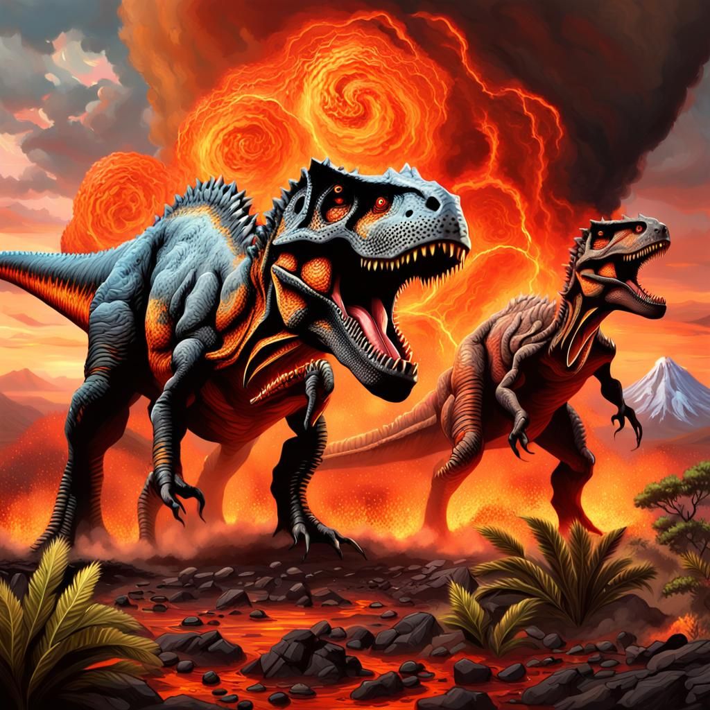 T-Rex vs Triceratops in Volcanic Battle
