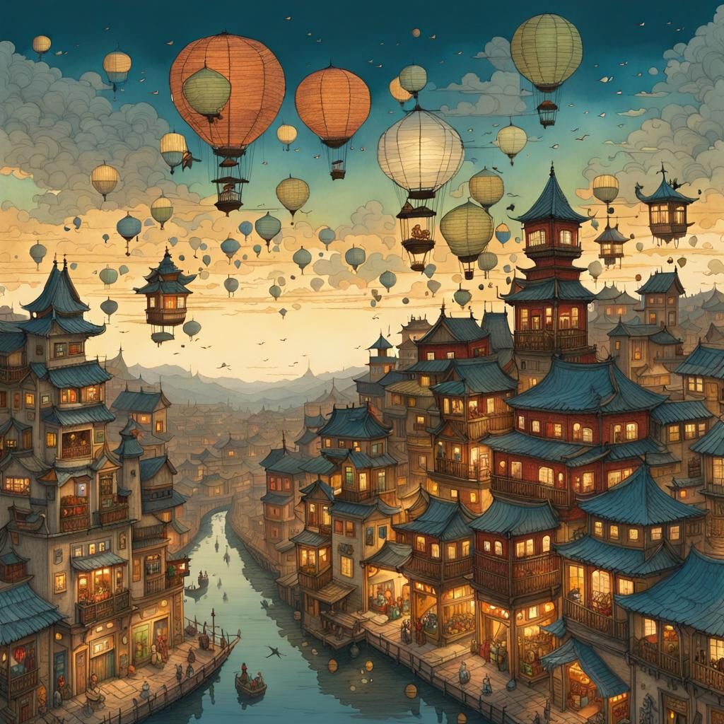 Storks Fly Over Oriental Fairytale Town: Hyperrealistic Illu...