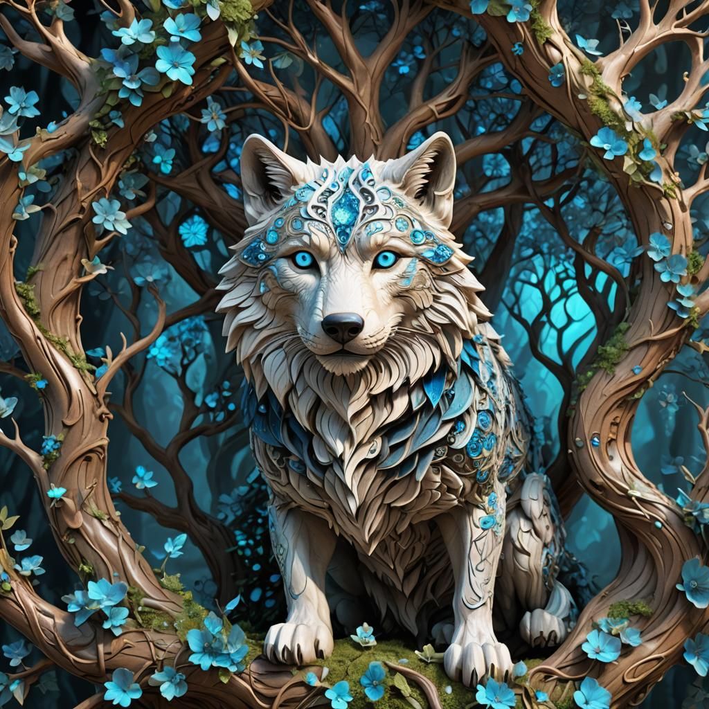 Mystical Tree Carving with Luminous Wolf Eyes