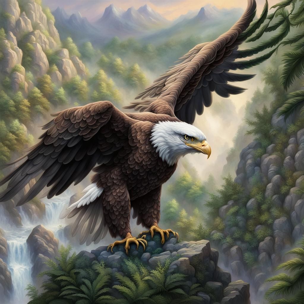 Majestic Eagle Perched on Misty Cliffside, 3D Render