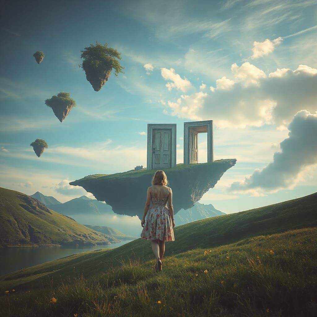 Surreal Landscape with Doors in Dreamlike Style