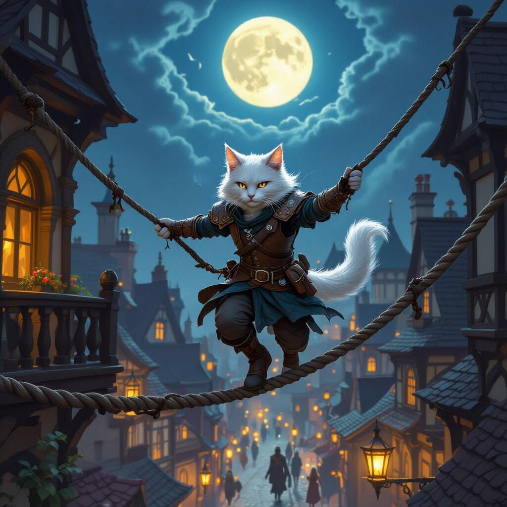 Catfolk Thief Running on Rope Under Full Moon