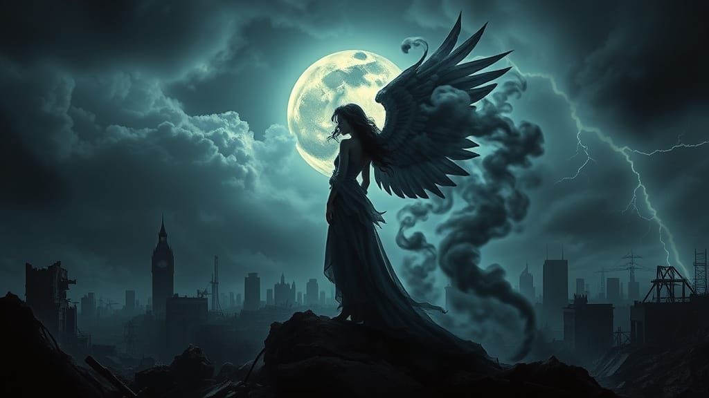 Fallen Angel Amidst Ruins in Dark Fantasy Style