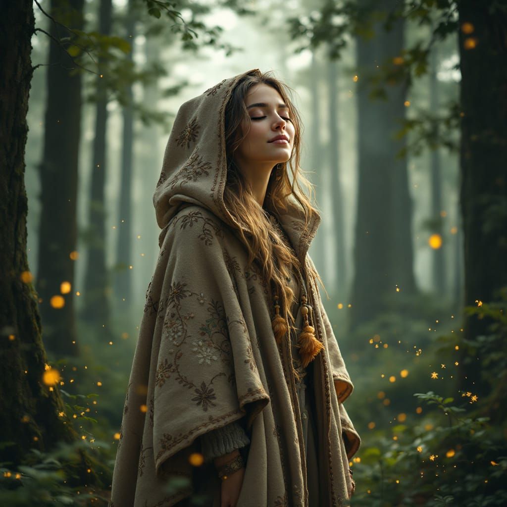 Mystic Woman in Forest: Futuristic Folk-Art Portrait