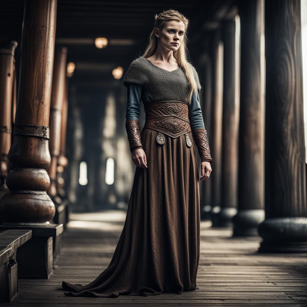 Modern Viking Warrior in Formal Gown, Hyperrealistic