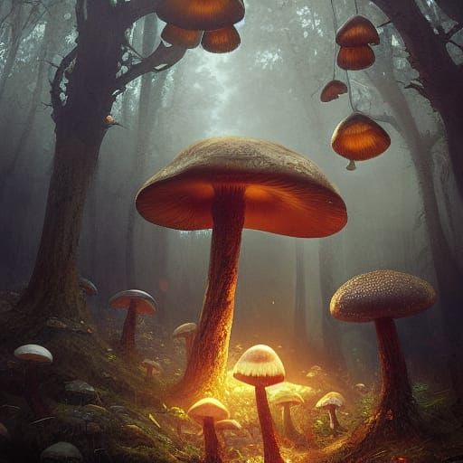 Glowing Mushrooms in Dark Fantasy Style