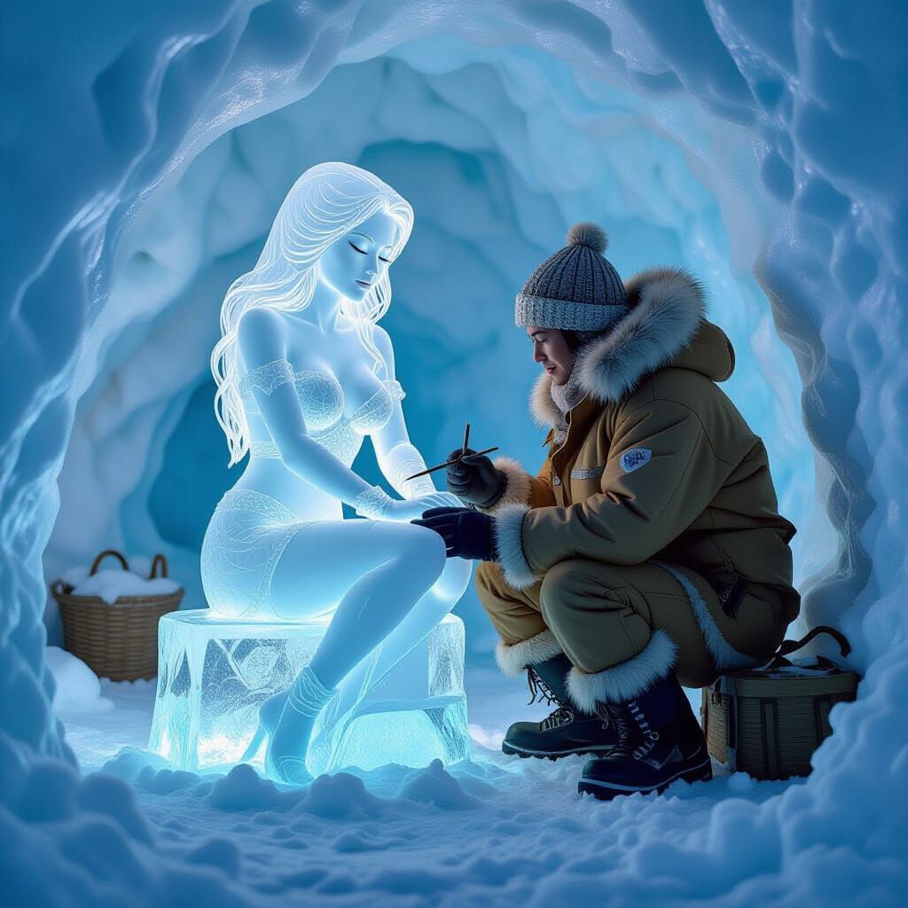 Eskimo Sculptor Creates Pin-Up Ice Statue in Igloo