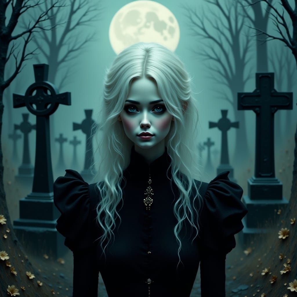Platinum Blonde Goth Woman in Graveyard by Moonlight