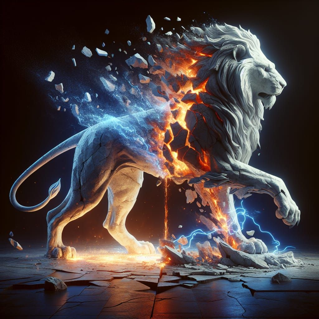 Colossal Lioness Statue Disintegrating with Lava and Energy