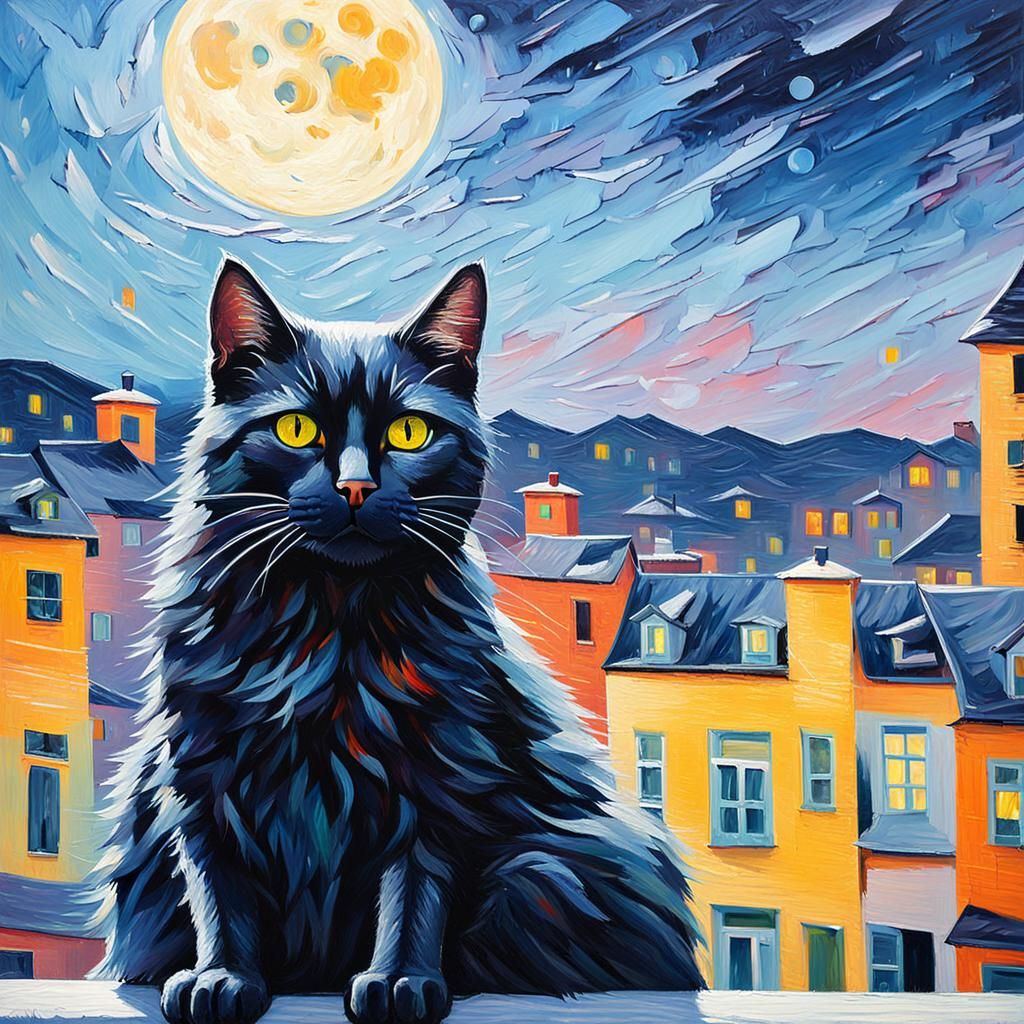 Black Cat Under Full Moon in Neo-Impressionism Style