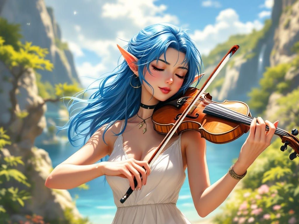 Anime Elf Woman Playing Violin in Sunlight