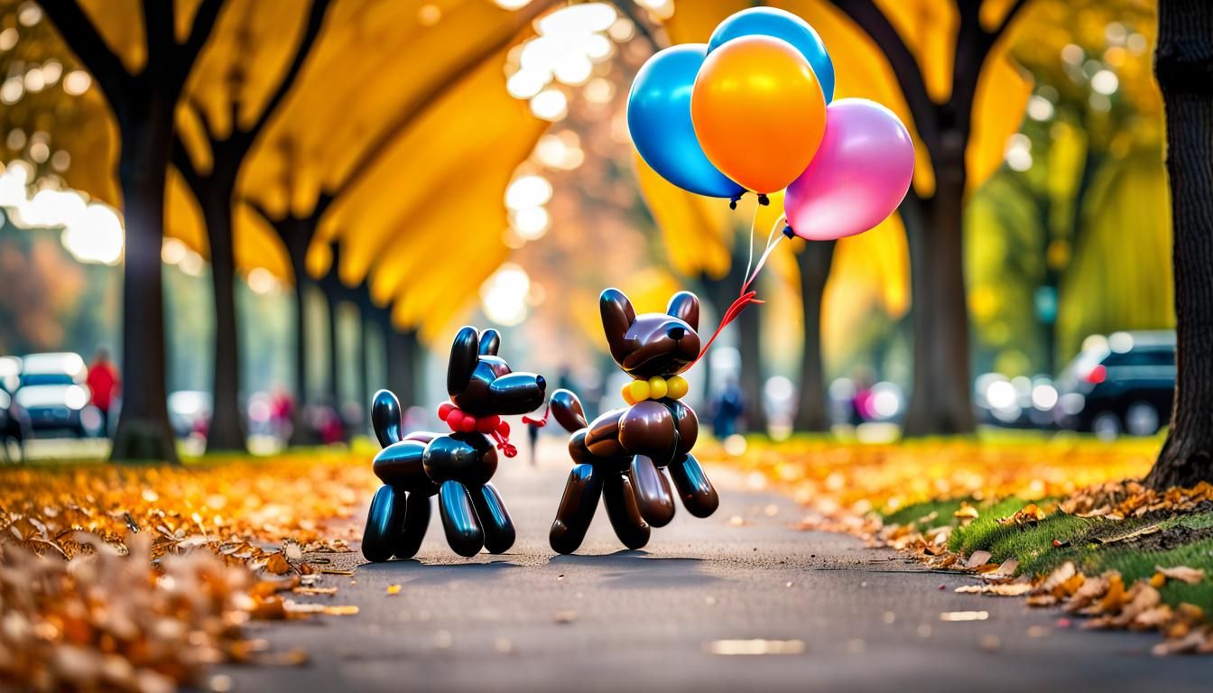 Balloon Dogs Chase Cat: Hyperrealistic Park Scene