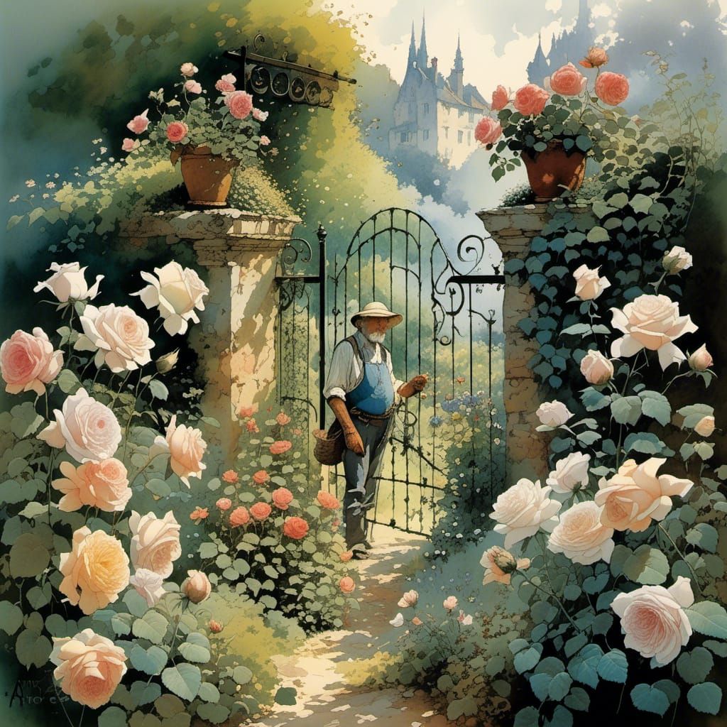 Antique Rose Garden with Weathered Gate