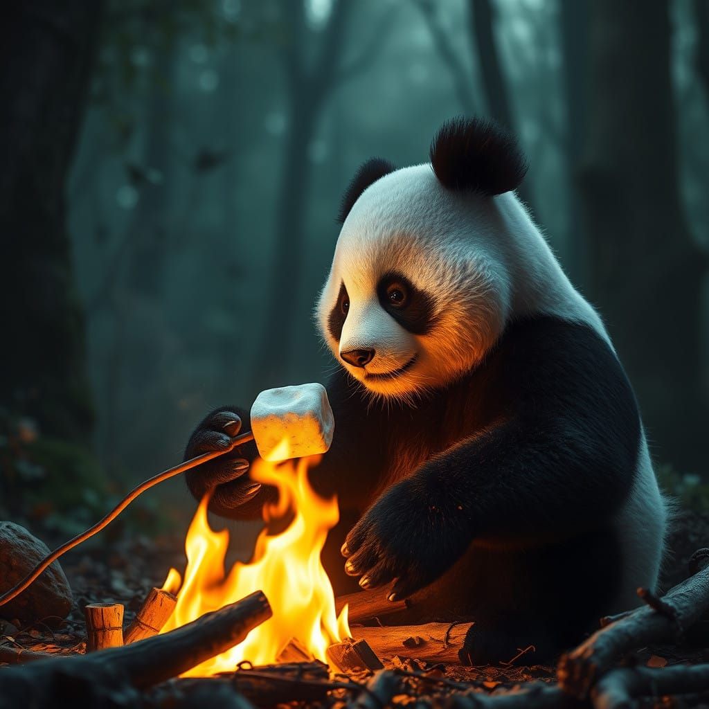 Panda by Golden Fire in Mystical Forest