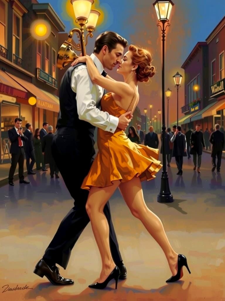 Abstract Tango Acrylic Painting with Street Lamp