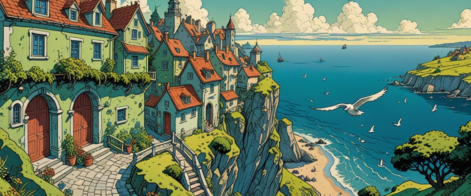 Seaside Village in Naive Folk Art Style