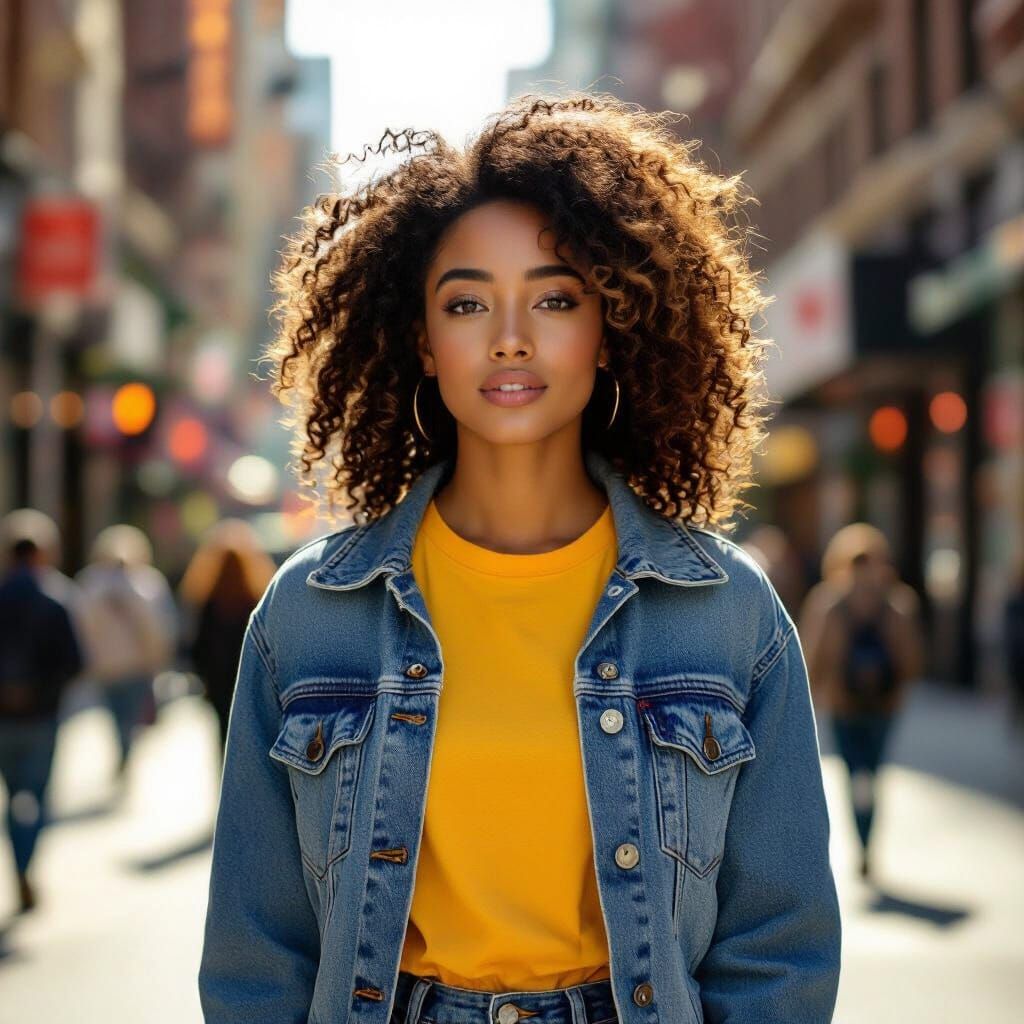 Young Woman with Curly Hair on a Sunny City Street