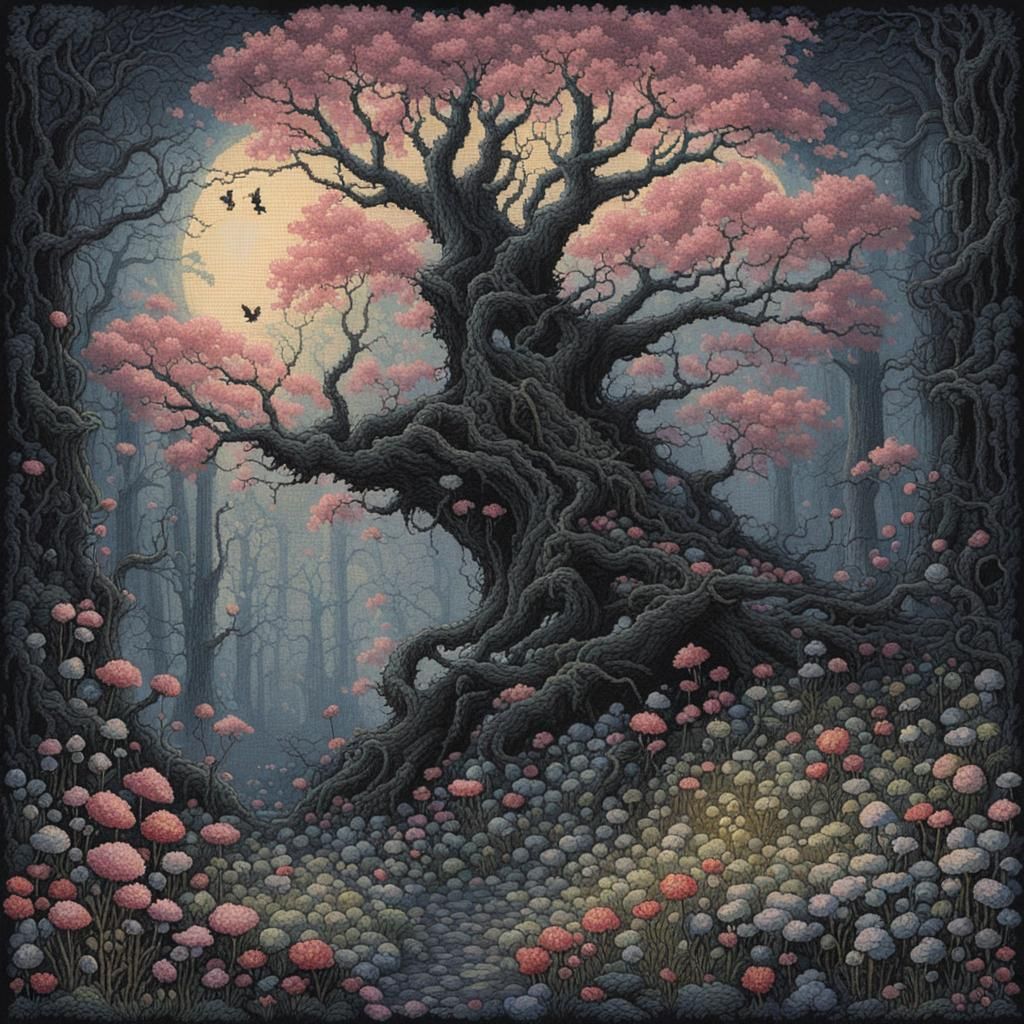 Dark Cross Stitch Whimsical Botanical Woodlands in Pastels