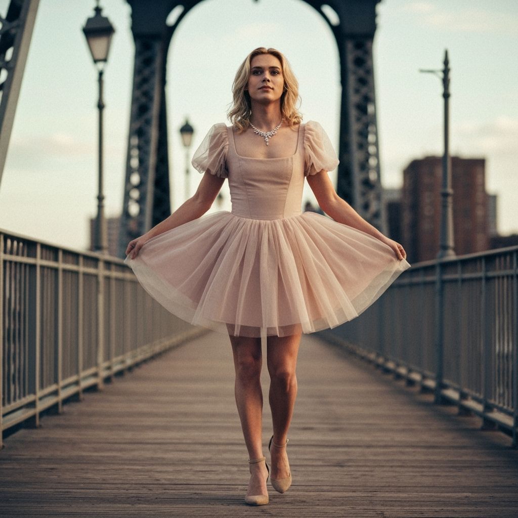 Young Man in Tulle Dress on Windy Bridge