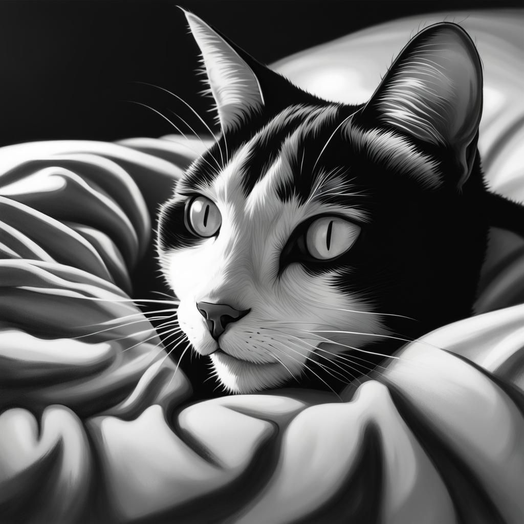 Hyperrealistic Black and White Cat at Feet