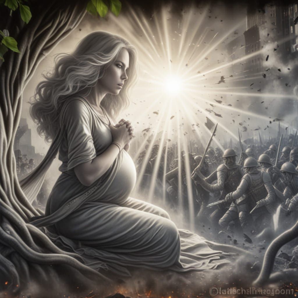 Angel Woman in Prayer, Soft Focus, Golden Hour Glow